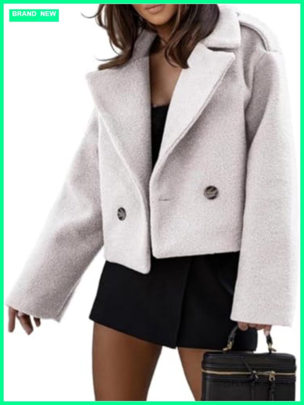 Wool Blend Cropped Trench Coat Double Breasted Pea Coat Long Sleeve